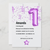 パープルヒョウ風船第1クリスマス誕生日 招待状 (正面)