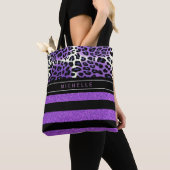 パープルヒョウ&ブラックパープルグリッターストライプ トートバッグ (クローズアップ)