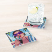 パープルビキニ、サングラス、バンダナ女性 ガラスコースター (アングル)