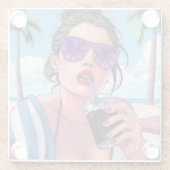 パープルビキニ、サングラス、バンダナ女性 ガラスコースター (裏面)