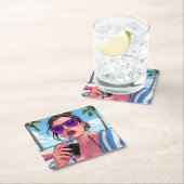 パープルビキニ、サングラス、バンダナ女性 スクエアペーパーコースター (インサイチュ)
