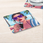 パープルビキニ、サングラス、バンダナ女性 スクエアペーパーコースター (アングル)