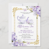 パープルビクトリアンフローラ誕生日ティーパーティー 招待状 (正面)