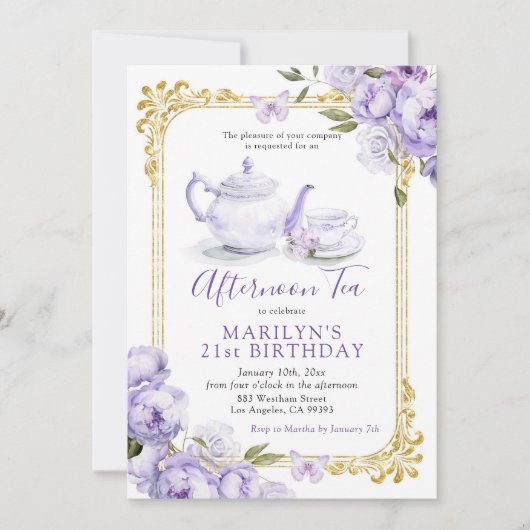 パープルビクトリアンフローラ誕生日ティーパーティー 招待状 (正面)