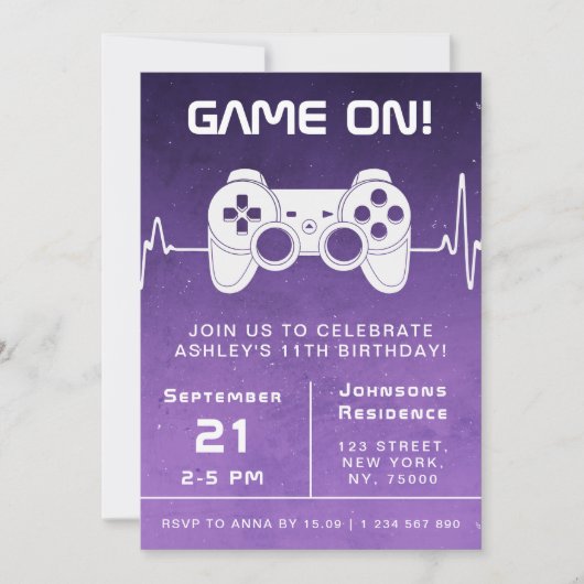 パープルビデグラデーションオゲームゲーマー子供の誕生日パーティー 招待状 (正面)