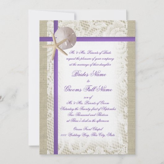 パープルビーチバーラップとヴィンテージレース結婚ズ 招待状 (正面)
