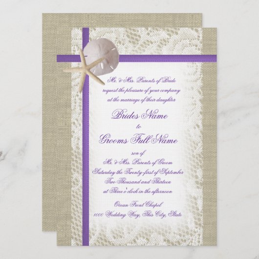 パープルビーチバーラップとヴィンテージレース結婚ズ 招待状 (正面/裏面)