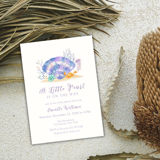パープルビーチ オーシャン リトルパール ガール ベビーシャワー 招待状