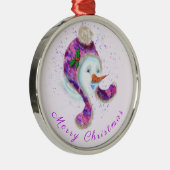 パープルビーニー帽のクリスマスオーナメント雪だるま メタルオーナメント (右)