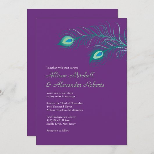 パープルピエレガントーコックフェザーズ結婚式招待状 招待状 (正面/裏面)