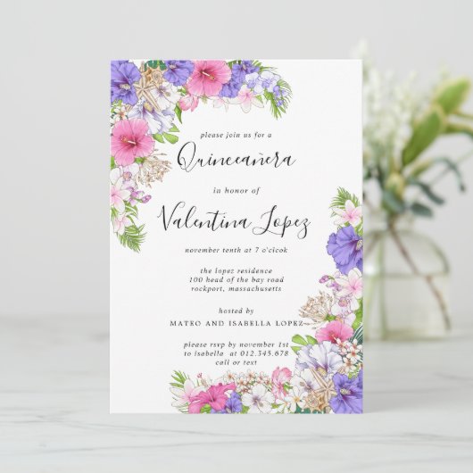 パープルピンクかわいらしトロピカルキンセアニェラ 招待状 (スタンド正面)