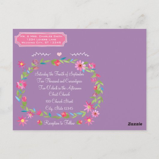 パープルピンクとグリーンのフローラリース結婚ズ ポストカード (裏面)