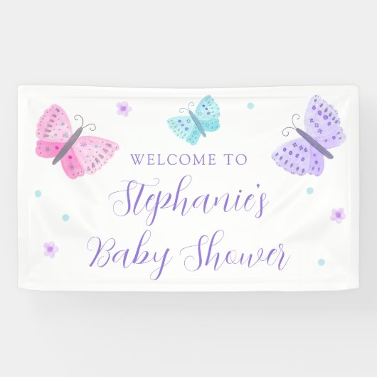 パープルピンクのアクアバタフライベビーシャワーへようこそ 横断幕 (横)