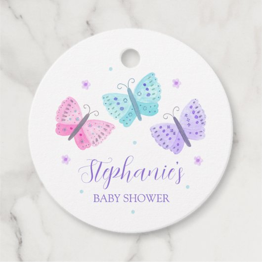 パープルピンクのアクアバタフライ赤ちゃんシャワー フェイバータグ (正面)