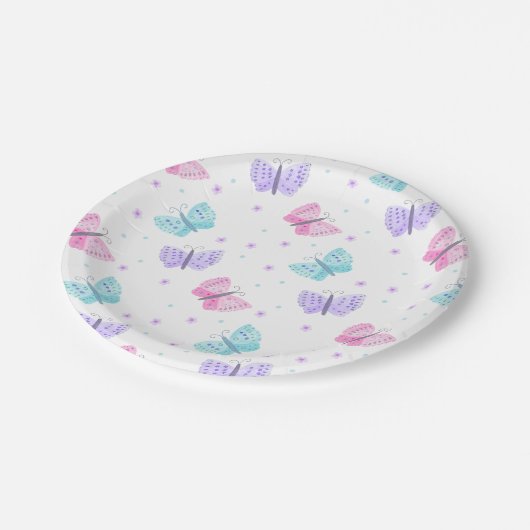 パープルピンクのアクアバタフライ赤ちゃんシャワー ペーパープレート (アングル)