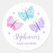 パープルピンクのアクアバタフライ赤ちゃんシャワー ラウンドシール (正面)