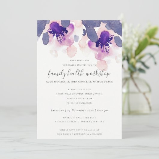 パープルピンクのインク水カラーフローラワークショップイベント 招待状 (スタンド正面)