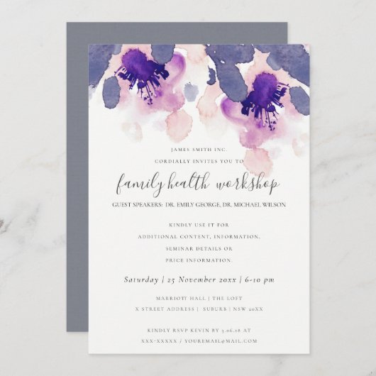 パープルピンクのインク水カラーフローラワークショップイベント 招待状 (正面/裏面)