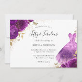パープルピンクのスパークルドレスバラ50th誕生日パーティー 招待状 (正面)