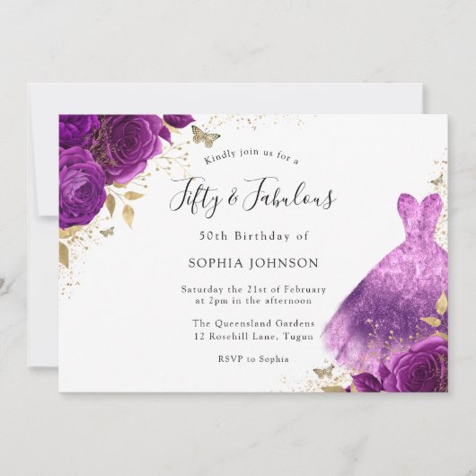 パープルピンクのスパークルドレスバラ50th誕生日パーティー 招待状 (正面)
