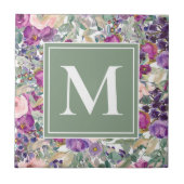 パープルピンクのセージ緑のボホ花モノグラム タイル (正面)