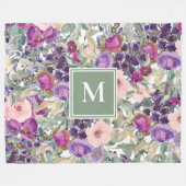 パープルピンクのセージ緑のボホ花モノグラム フリースブランケット (正面(横))