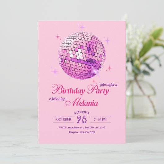 パープルピンクのディスコパーティー誕生日 招待状 (スタンド正面)