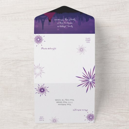 パープルピンクのパリ花火のキンセアニエラ オールインワン招待状 (外側)