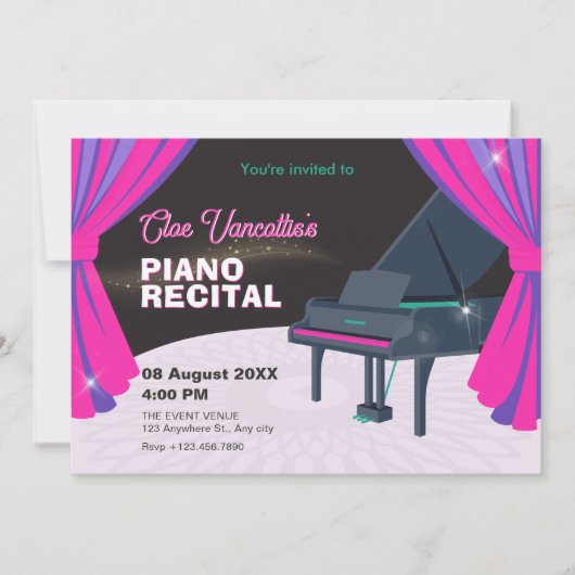 パープルピンクのピアノステージ発表会 招待状 (正面)