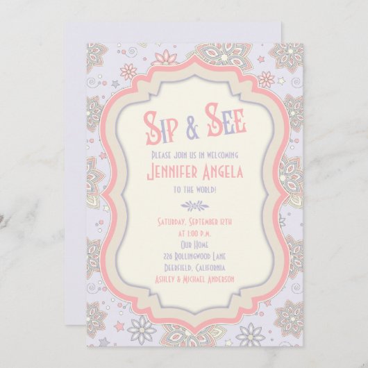 パープルピンクのフローラ赤ちゃんシャワーsipと参照 招待状 (正面/裏面)