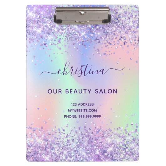 パープルピンクのホログラフィックビジネス クリップボード (正面)