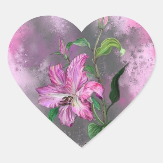パープルピンクのユリの花のステッ絵画カー ハートシール (正面)