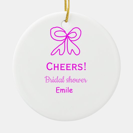 パープルピンクの弓の結婚前お祝い　名前を追加 セラミックオーナメント (正面)