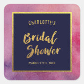 パープルピンクの水の色とフェイク金ゴールドブライダルシャワー スクエアシール (正面)