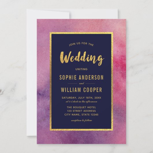 パープルピンクの水の色とフェイク金ゴールド結婚ズ 招待状 (正面)