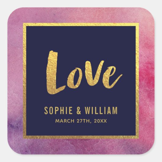 パープルピンクの水彩及びフェイク金ゴールドラブ結婚ズ スクエアシール (正面)