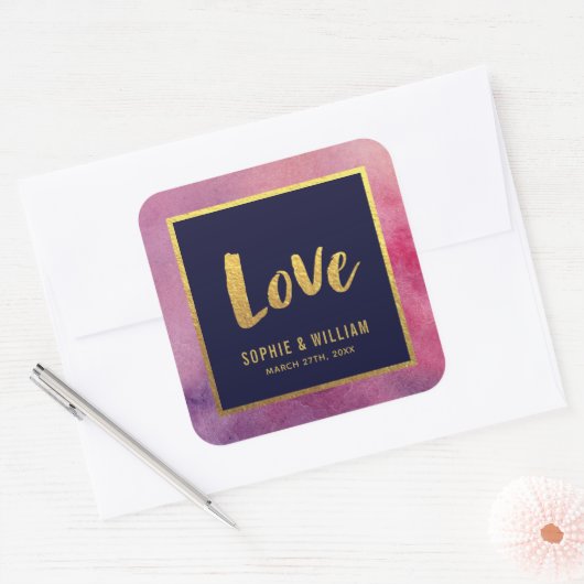 パープルピンクの水彩及びフェイク金ゴールドラブ結婚ズ スクエアシール (封筒)