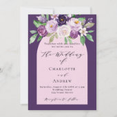 パープルピンクの水彩花のラグジュアリーウェディング 招待状 (正面)