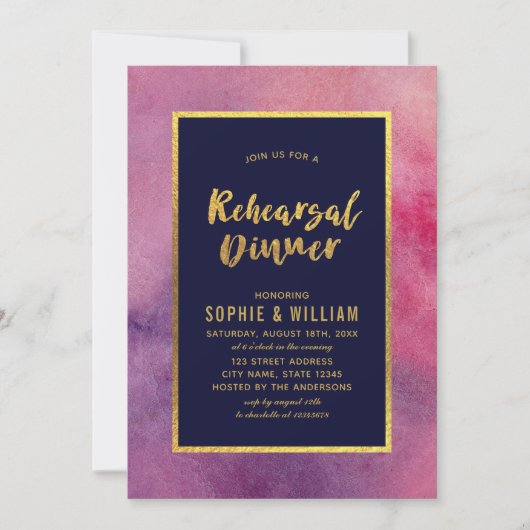 パープルピンクの水色のフェイク金ゴールドリハーサルディナー 招待状 (正面)