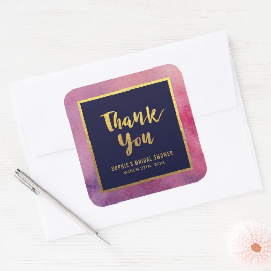 パープルピンクの水色金ゴールド任意のイベントありがとう スクエアシール (封筒)
