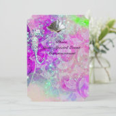 パープルピンクの波、タツノオトシゴ、貝殻、青いリボン 招待状 (スタンド正面)