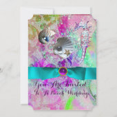 パープルピンクの波、タツノオトシゴ、貝殻、青いリボン 招待状 (裏面)