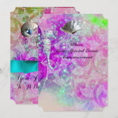 パープルピンクの波、タツノオトシゴ、貝殻、青いリボン 招待状 (正面/裏面)