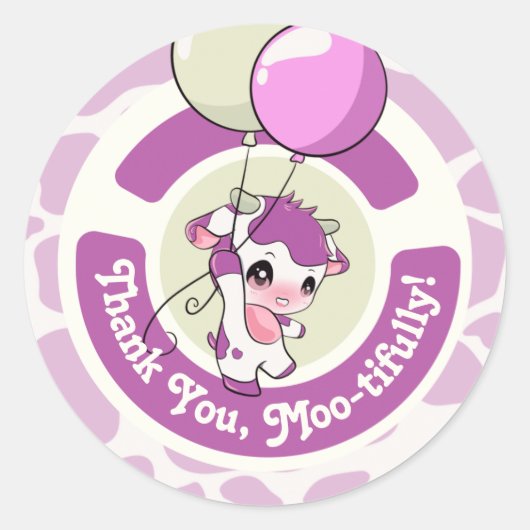パープルピンクの牛のパターンありがとうラウンドステッカー ラウンドシール (正面)