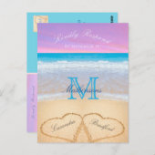 パープルピンクの空のハートの砂のビーチ結婚式P ポストカード (正面/裏面)
