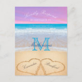 パープルピンクの空のハートの砂のビーチ結婚式P ポストカード (正面)