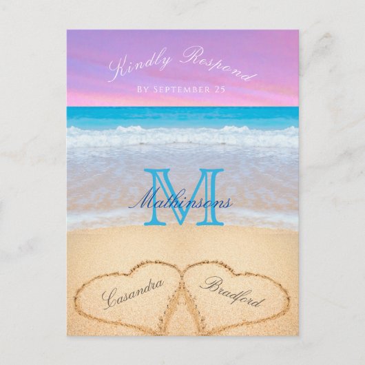 パープルピンクの空のハートの砂のビーチ結婚式P ポストカード (正面)