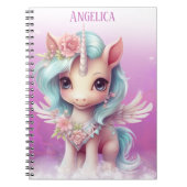 パープルピンクの空、雲と星と名前のユニコーン ノートブック (正面)