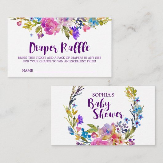 パープルピンクの花おむつラッフル招待状インサート エンクロージャーカード (正面/裏面)