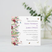 パープルピンクの花と蝶スクエア結婚ズ 招待状 (スタンド正面)